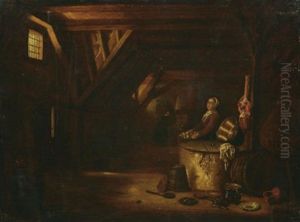 Zwei Magde In Der Kuche, Speisen Zubereitend, Im Vordergrund Diverse Kuchenutensilien