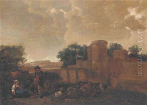 A Shepherd And Shepherdess Resting Near A Fortified Town - view 1