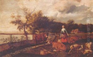 Landskap Med Mjolkpiga Och Boskap by Govert Dircksz. Camphuysen