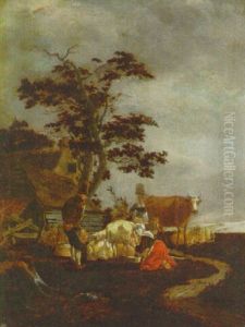 A Peasant, A Milkmaid And A Washerwoman With Sheep And A Cow Outside A Cottage