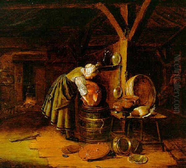 A Scullery Maid Scrubbing A Copper Pot In A Kitchen Interior - view 1