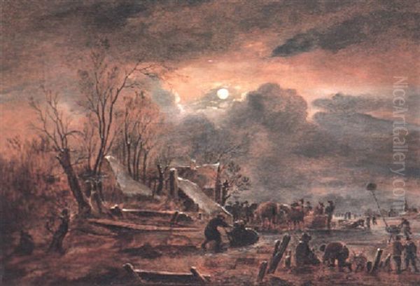 A Moonlit Winter Landscape With Skaters And Sleighs On A Frozen River by Govert Dircksz. Camphuysen
