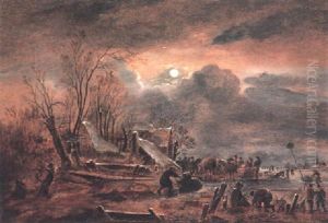 A Moonlit Winter Landscape With Skaters And Sleighs On A Frozen River