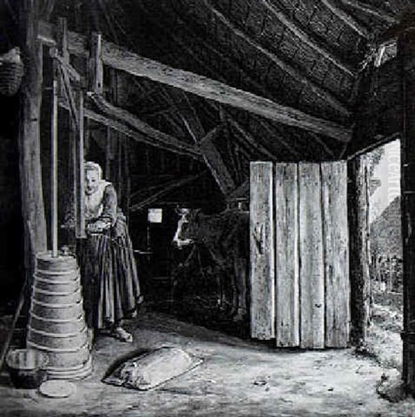 Interior Of A Barn With A Milkmaid Churning Butter - view 1