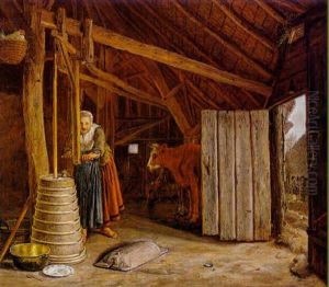 Interior Of A Barn With Milkmaid Churning Butter