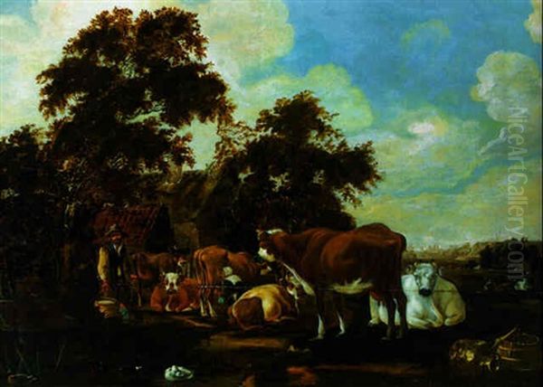 Peasants Milking Cows By A Farmhouse - view 1