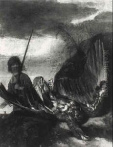 Boy With An Eagle, Gorinchem In The Background by Govert Dircksz. Camphuysen