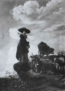 Milkmaid Standing On A Bank With Her Cattle Milkmaid Standing On A Bank With Her Cattle