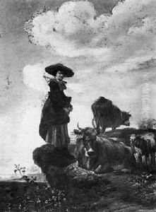 A Milkmaid Standing On The Lip Of A Bank Beside Her Herd Of Cattle And Sheep With A River Valley Beyond by Govert Dircksz. Camphuysen