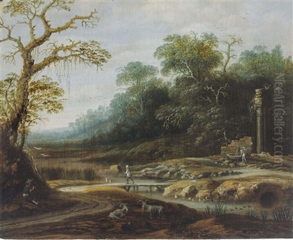 A Wooded Landscape With Herdsman Nearby Classical Columns - view 1