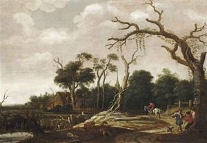 A Wooded Landscape With Travellers On A Road, A Swineherd Near The River Bank And A Village Beyond A Wooded Landscape With Travellers On A Road, A Swineherd Near The River Bank And A Village Beyond