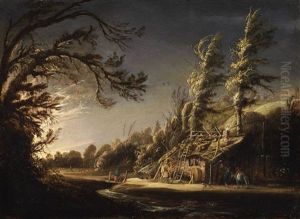 A Wooded Landscape With Peasants And A Donkey