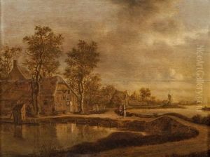 Paysage De Riviere Avec Deux Paysans Pres D'une Chaumiere by Joachim Govertsz. Camphuysen