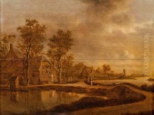 Paysage De Riviere Avec Deux Paysans Pres - D'une Chaumiere by Joachim Govertsz. Camphuysen