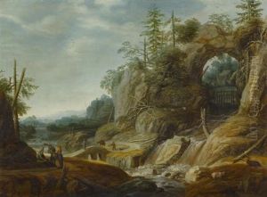 Weite Felsenlandschaft Mit Einer Brucke by Joachim Govertsz. Camphuysen