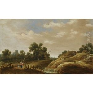A Dune Landscape With A Peasant Woman And Child On A Path, Farm Houses Beyond by Joachim Govertsz. Camphuysen