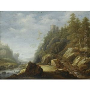 A Rocky Mountain Landscape With A Stronghold On A Hill Top, Shepherds With Their Flock Beyond by Joachim Govertsz. Camphuysen