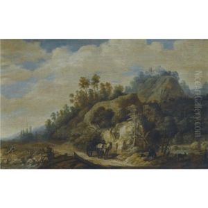 A Mountainous Landscape With Figures Walking Along A Path With A Horse And Cart by Joachim Govertsz. Camphuysen