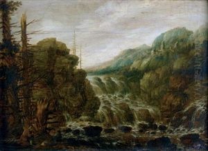 A Mountainous Wooded Landscape With A Man Resting Beside A Cascade, A Hill Top Town In The Distance