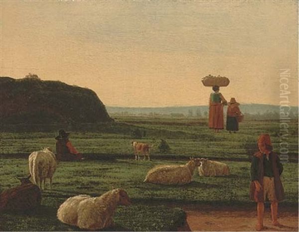A Shepherd And His Flock With Farm Hands - view 1