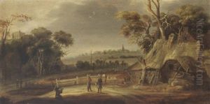 A Wooded Landscape With Figures Conversing Near A Farm And Travellers On A Path, A Village Beyond by Joachim Govertsz. Camphuysen