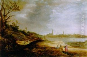 Travellers On A Road, The Vendange Beyond, A Town In The Distance by Joachim Govertsz. Camphuysen