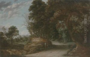A Wooded Landscape With Travellers Resting On A Path by Joachim Govertsz. Camphuysen