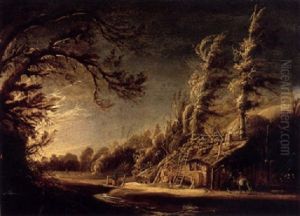 A Wooded Landscape With Peasants And A Donkey Before A Cottage by Joachim Govertsz. Camphuysen