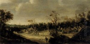 An Extensive Wooded Landscape With Travellers And A Settlement Beyond An Extensive Wooded Landscape With Travellers And A Settlement Beyond
