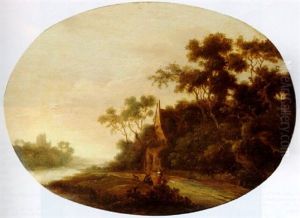 A Peasant Woman And Child With A Traveller On A Track, Sunset by Joachim Govertsz. Camphuysen
