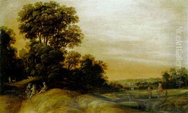 A Wooded Landscape With Peasants Conversing On A Track - view 1