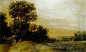 A Wooded Landscape With Peasants Conversing On A Track
