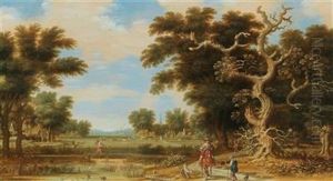 A Wooded River Landscape With A Horseman And Wanderers