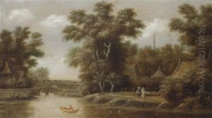 A Wooded River Landscape With An Elegant Couple Conversing And A Man In A Rowing Boat At The Edge Of A Village by Rafael Govaertsz Camphuysen