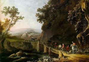 Eine Bewaldete Flusslandschaft Mit Einem Edelmann Zu Pferd Und Wanderern