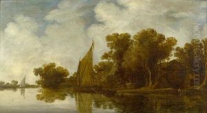 A Wooded River Landscape With Sailing Boats by Rafael Govaertsz Camphuysen