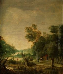 Flusslandschaft Mit Jungen Baumen Und Kruppelweiden Am Ufer Sowie Figurenstaffage Und Einer Burgruine Auf Einer Rechten Anhohe
