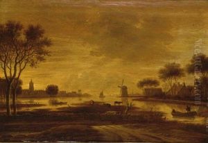 A River Landscape With A Village And A Windmill, A Boat With Fishermen To The Foreground by Rafael Govaertsz Camphuysen