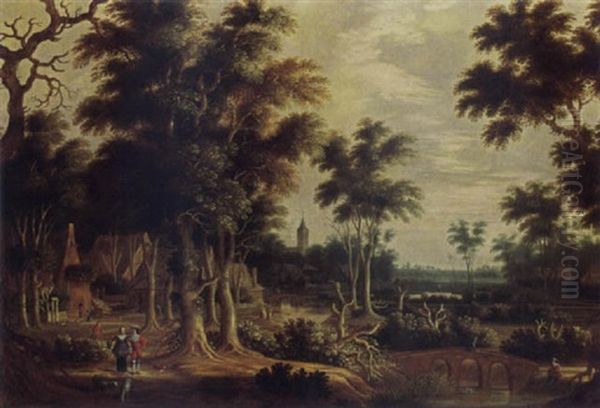 A Wooded River Landscape With An Elegant Couple On A Path And Fishermen Near A Bridge, A Village Nearby - view 1