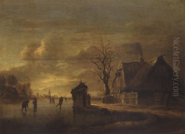 A Winter Landscape With Skaters Before A Cottage - view 1