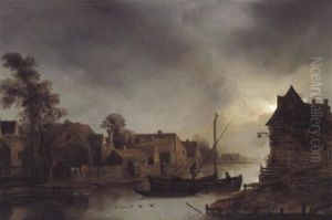 Fluslandschaft Mit Booten Bei Mondschein
