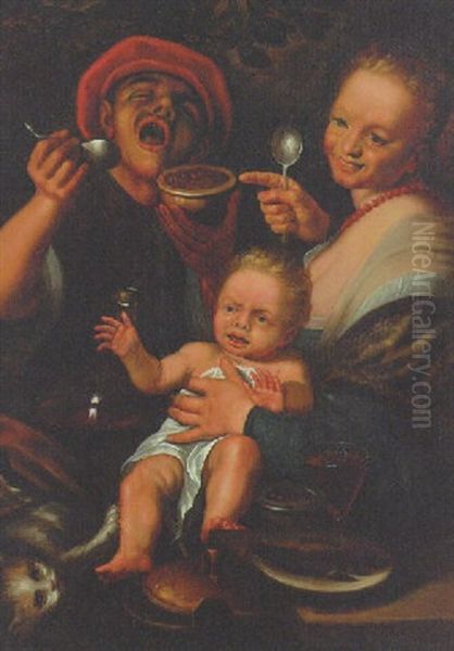 A Peasant Family Eating With A Cat - view 1