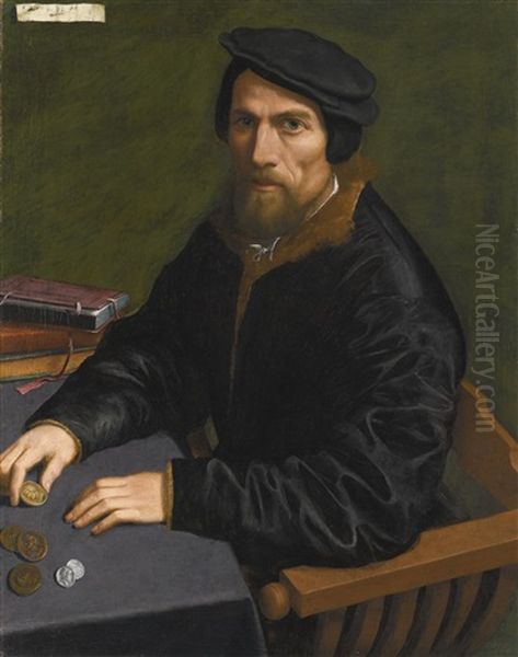 Portrait Of A Gentleman, Possibly A Member Of The Magio Family, Dressed In A Black, Fur-lined Coat And Seated At A Desk With Gold And Silver Coins And A Pile Of Books - view 1
