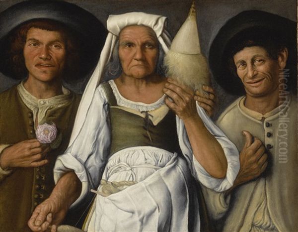 An Old Peasant Woman With A Distaff And Spindle Flanked By Two Male Peasants - view 1