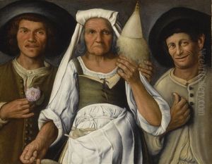 An Old Peasant Woman With A Distaff And Spindle Flanked By Two Male Peasants