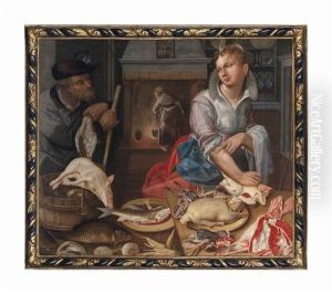A Kitchen Interior With A Maid, Game, Meat And Fish With A Huntsman by Vincenzo Campi