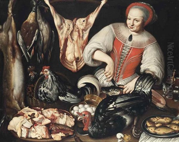 A Kitchen Maid Cleaning A Fish With Poultry, Meat, Eggs And A Cat On A Table - view 1