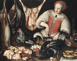 A Kitchen Maid Cleaning A Fish With Poultry, Meat, Eggs And A Cat On A Table by Vincenzo Campi