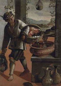 A Peasant Boy Carrying A Cockerel And A Basket Of Eggs, Meat And A Duck, In An Open Interior, A Mountainous Landscape With A River And Ruins Beyond