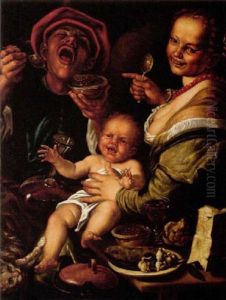 A Merry Peasant Couple Eating From A Bowl Of Beans, The Woman Holding A Crying Baby With A Cat Scratching Its Leg by Vincenzo Campi